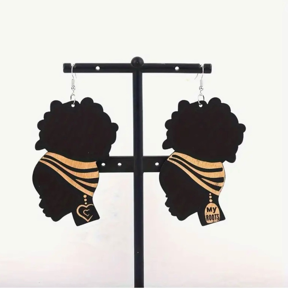 Afro Natural Hair African Inspired Wooden Fishhook Earring Set Lightweight - Picture 2 of 5
